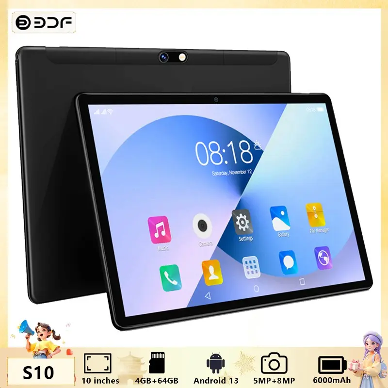 Bdf S10 10.1-Inch Android Touchscreen Multifunctional Tablet, 4 GB RAM 64 GB ROM Android 13, 1920x1200 IPS Display, Dual Sim, 6000 mAh Battery, Metal Design, Student Tablet, Android Tablets