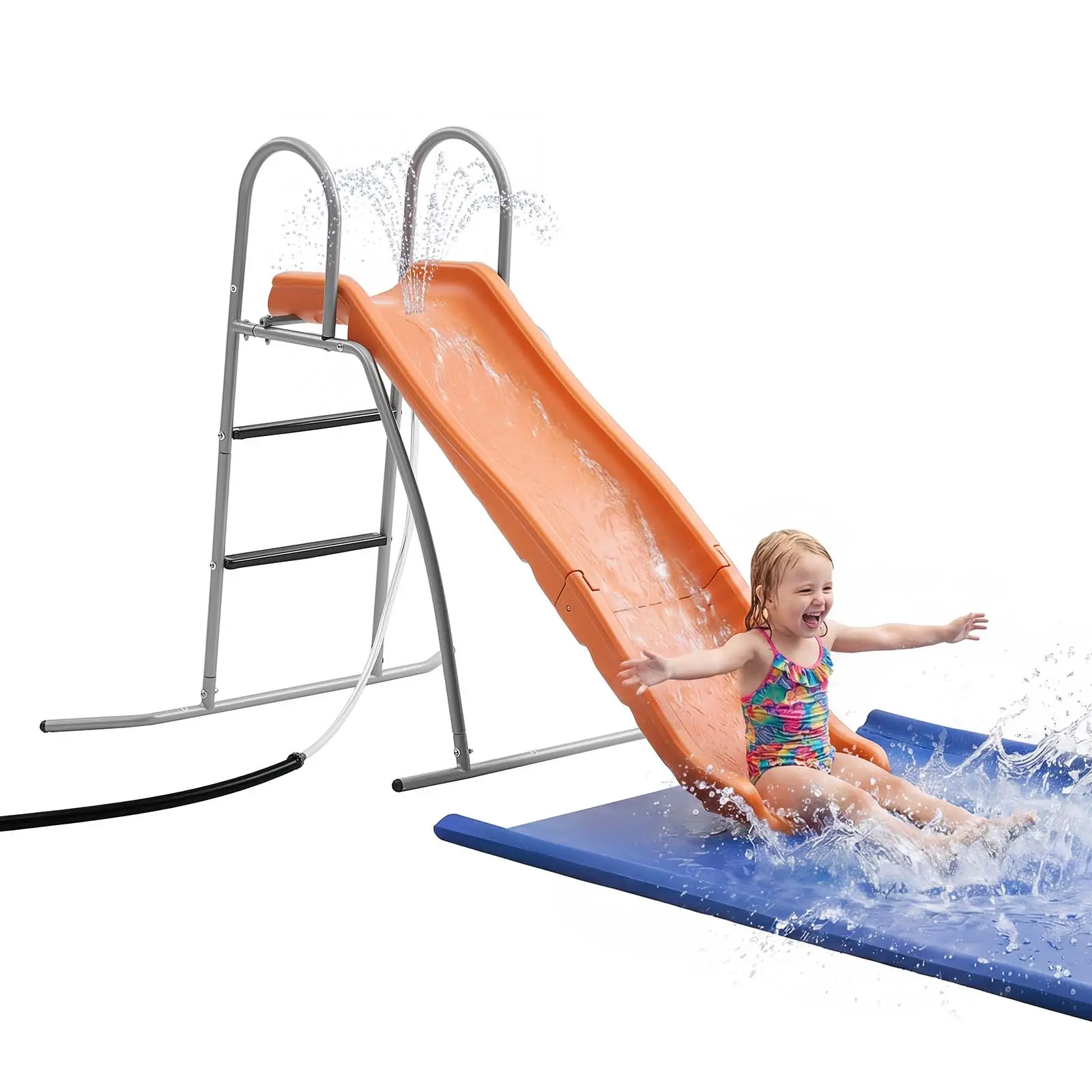 【summerfinds】VEVOR Water Slide, 5.5ft Outdoor Waterslide for Kids, Free Standing Pool Wave Slide with 6.5ft Ground Tarp, Built in Adjustable Sprinkler, Metal Plastic Playground Equipment, Platform for Backyard Fun