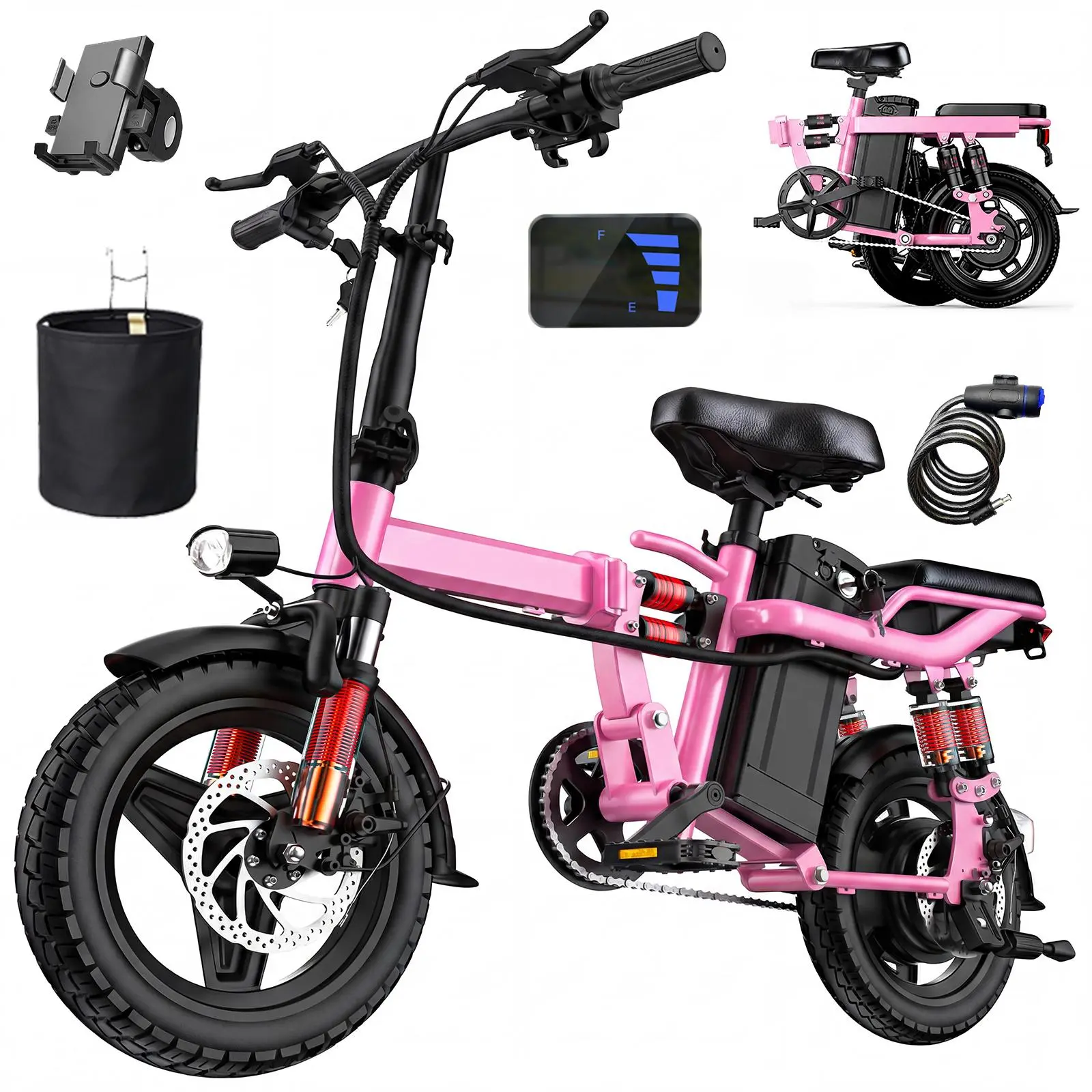 750W Folding Electric Bike for Adults, 24MPH Fast Ebike with 48V 12Ah Removable Battery, 14" All-Terrain Tires, 8 Shock Absorption System，Full Suspension & Dual Disc Brakes,  Compact Commuter Electric Bicycle for Men Women sport and outdoor plegable