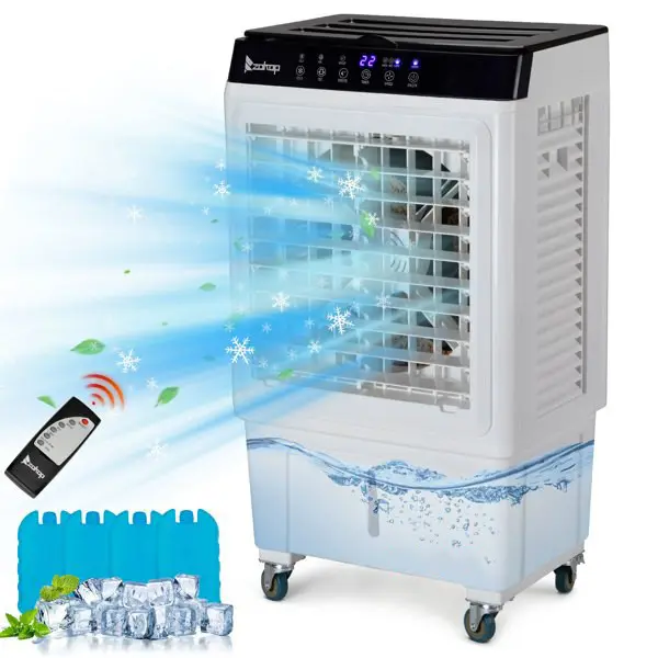 3 in 1 Portable Evaporative Cooler,Indoor,Outdoor,2353CFM/461CFM Personal Air Cooler,7.93/7.9/5.28 Gal Large Water Tank & Scroll Casters, 4 Ice Packs,Manual control/12H timer settings,White/Gray White