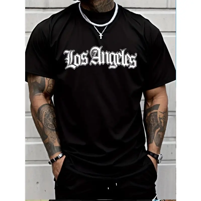 Men's 100% Pure Cotton Casual T-Shirt - Breathable Short-Sleeve Crew Neck, All-Over Letter Print, Fitted, Foldable, Year-Round Wear, XL Size (Do Not Dry Clean)