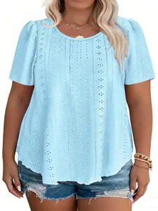 Plus Size Summer Tops for Women Dressy Eyelet Puff Short Sleeve Crewneck Tunic Shirts Casual Cute Solid Color Blouses 1X–5X RPS2145 vacation