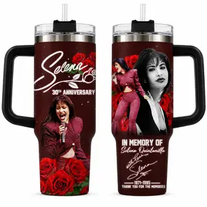 Selena 30th Anniversary Memorial 30oz 40oz Stainless Steel Insulated Tumbler, Double Sided Selena Quintanilla Tribute Travel Mug with Handle, Latin Music Fan Gift, Not Including The Straw