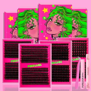 PURELEOR Cluster Lashes Wispy DIY at Home False Eyelashes Individual Lash Clusters 10-12-14-16mm D-Curl Eyelash Extensions Cat Eyes Style Natural Soft for Date Night