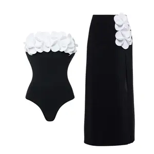 FLAXMAKER Women's Detachable Straps Bandeau 3D Flower Black and White One Piece Swimsuit and Matching Skirt Set Swimwear Swimdress Bathing Suit Stylish Beachwear #TikTokShopBlackFriday
