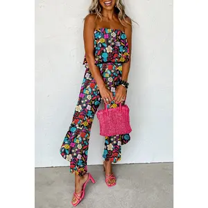 Red Mix Tropical Print Strapless Ruffled Jumpsuit
