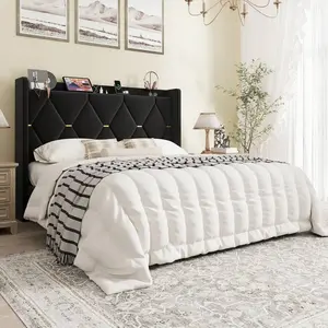 Full/Queen/King Velvet Upholstered Bed Frame With Charging Station, Modern Wingback Storage Headboard, Diamond Stitched & Gold Trim, No Box Spring Needed, Easy Assembly, Black