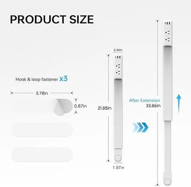Rectangle Rotatable Extendable Outlet Extender Strip with 1 USB-C, USB-A Fast Charging Ports, 2 AC Outlets, 22-34 In Telescopic Cord, 180° Swivel Plug, Velcro Strips for Hard-to-Reach Sockets, Ideal for Dorms, Nightstands