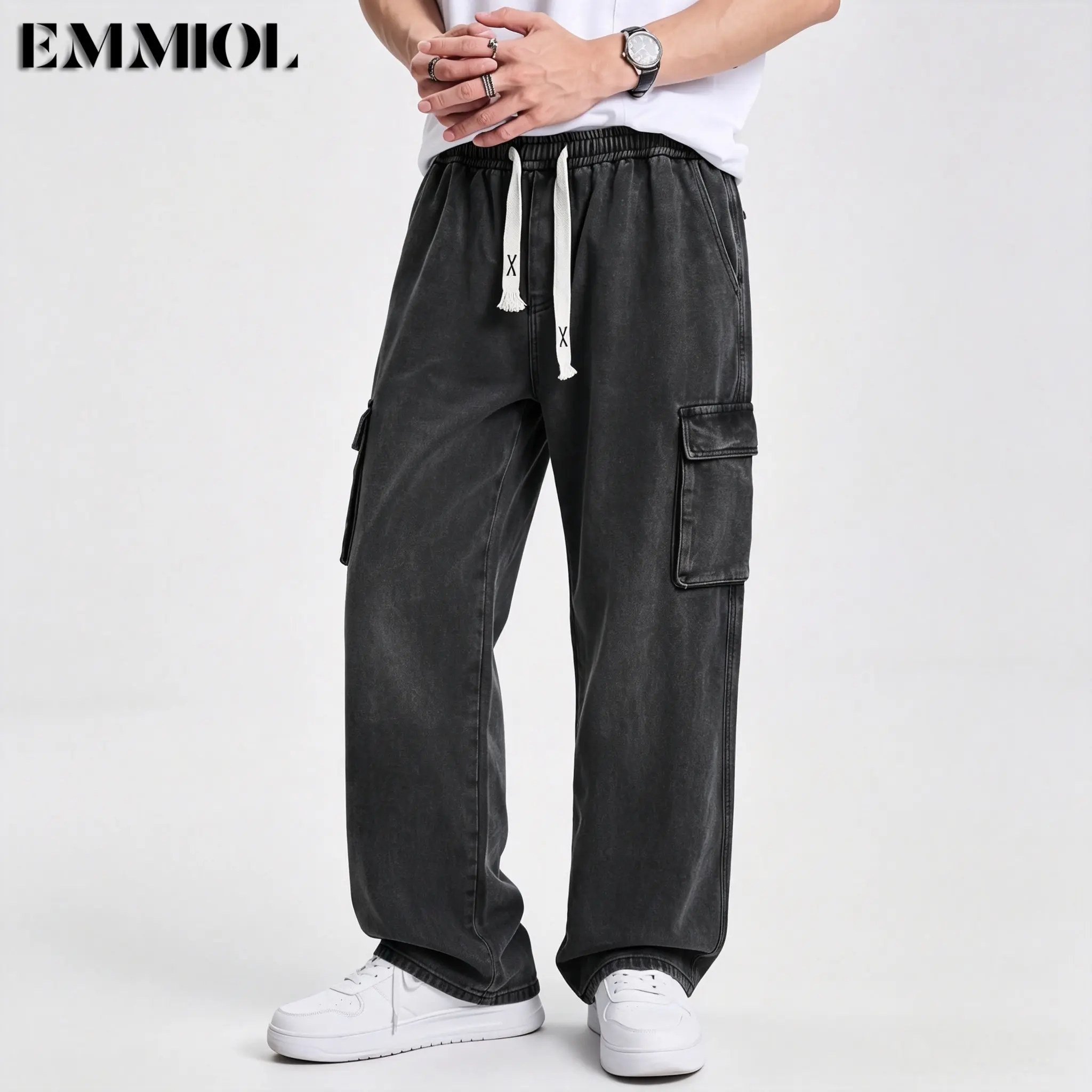 EMMIOL Cargo Baggy Jeans for Men, Pants Wide Leg, Relaxed Loose Fit Denim Y2K Straight Leg Streetwear Vintage