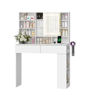 Makeup Vanity w/ Visible Glass Top, Get Ready with Me Vanity with Mirror, LED Sliding Mirror,White