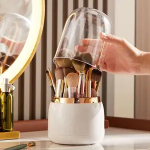 Makeup Brush Holder, Rotating Dustproof Make Up Brushes Organizer with Clear Acrylic Cover for Vanity Desktop Bathroom Countertop