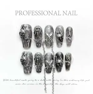 Gothic Grey-Silver Long Coffin Press On Nails With 3D Skull, Chain And Unique Decorations, Handmade Reusable Acrylic Fake Nails For Edgy Style