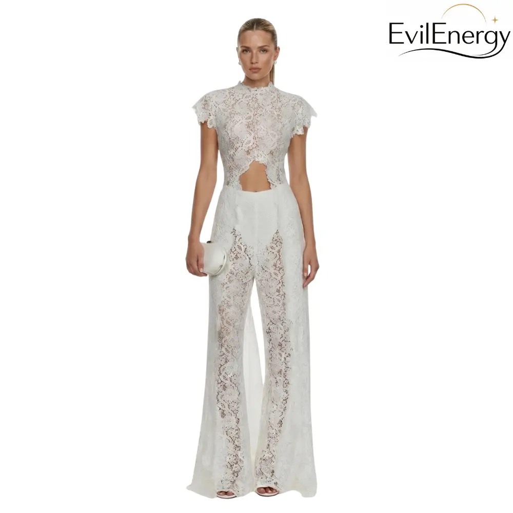 Women's EvilEnergy 2-Piece Boho Eyelash Lace Set - Buttonless Sexy Halter Crop Top with Bell Sleeves, High-Waisted Wide-Leg Pants - Romantic, Lace Cut-Out Outfit for Summer Festival, Beach Vacation, Lace Cut-Out Two-Piece Pants & Top Sets, Romantic Pants