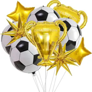 10 Pcs 4D Sphere Soccer Balloons Set with Golden Championship Trophy & Star Burst Balloon - Soccer Party Decorations for World Cup Parties, Sports Theme Birthday, Football Fans Party Decoration Supply