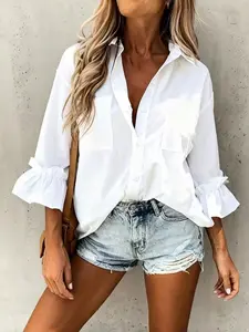 2026 New Ruffle Cuff Button Down Blouse for Women, Summer 3/4 Sleeve Shirt with Pockets, Elegant Relaxed Fit V Neck Top, Casual Oversized Fashion Blouse for Office, Work & Daily Wear