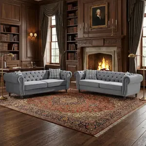 Modern Sofa Couch Set of 2, Chesterfield‌ Velvet Sofa with Roll Armrest & Nailhead,Upholstered Mid Century Modern Couch, 3 Seater & 3 Seater Couch for Living Room, Office, Apartment, Gray