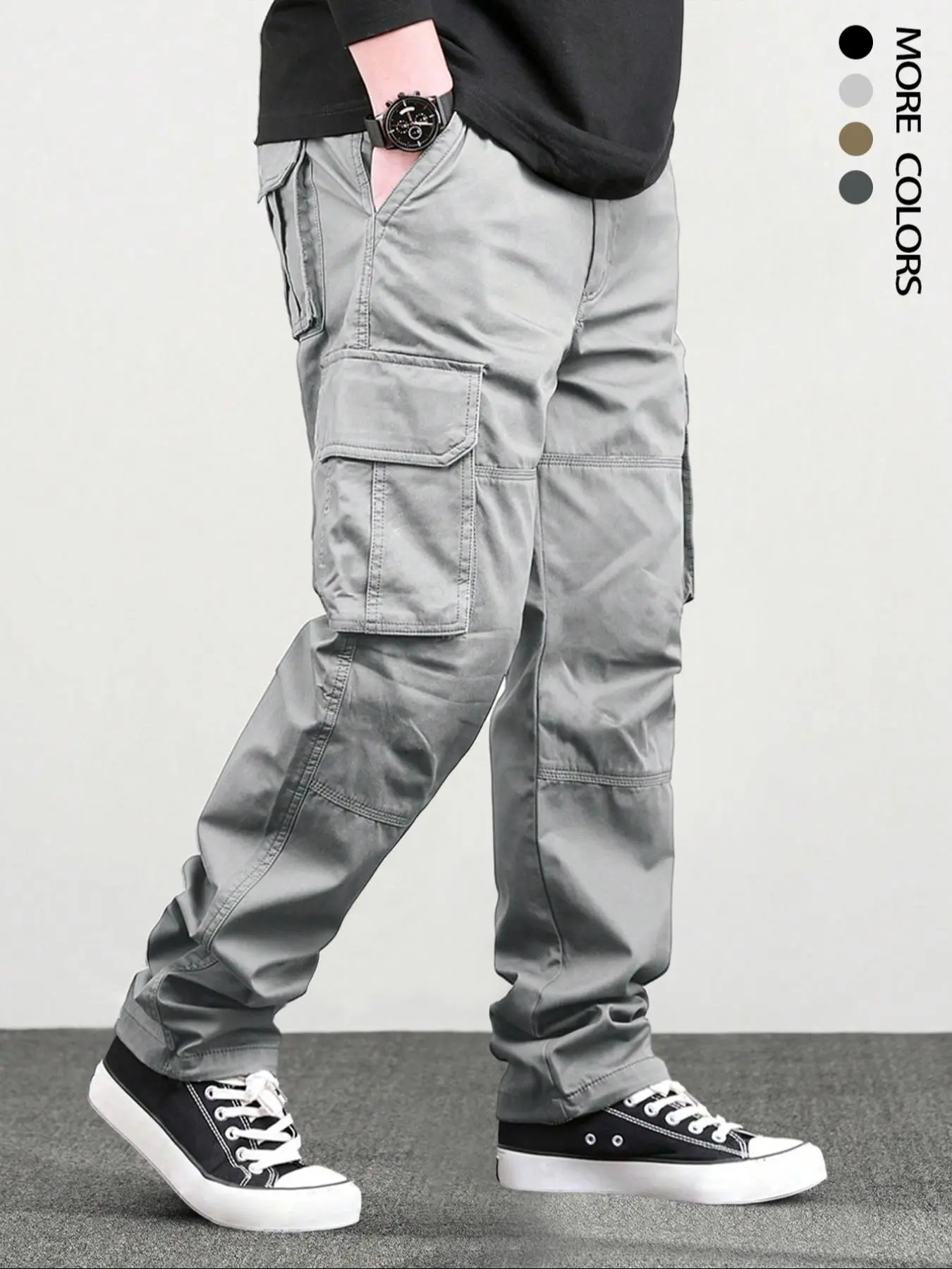 Men's Loose Solid Casual Slant Pocket Drawstring Waist Cargo Pants, Casual Street Style Straight Leg Trousers for Outdoor Hiking Fishing, Woven Bottoms for All Seasons Pants