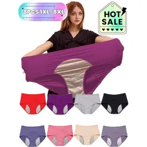 Large Size 8XL Women'S 8 Packs - High Elasticity Mesh Physiological Underwear - Leak-Proof Briefs With Three-Layer Widened Leak-Proof Layer And High Waist Abdomen Support, Plus Size 8pcs Breathable Mesh Underwear - Strong Absorbency Menstrual Pants Fit Ny