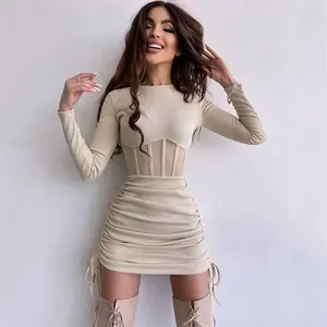 Sexy Backless Chain Round Neck Long Sleeve Wrap Hip Tight Retro French Dress