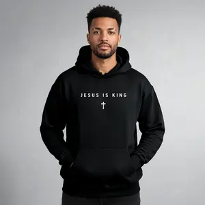 Men's Jesus Is King Cross Graphic Hoodie - Cotton Blend Black Long Sleeve Pullover Regular Fit |   Soft & Breathable Fabric, Durable Print, Everyday Comfort, Machine Washable, minimalist religious daily wear