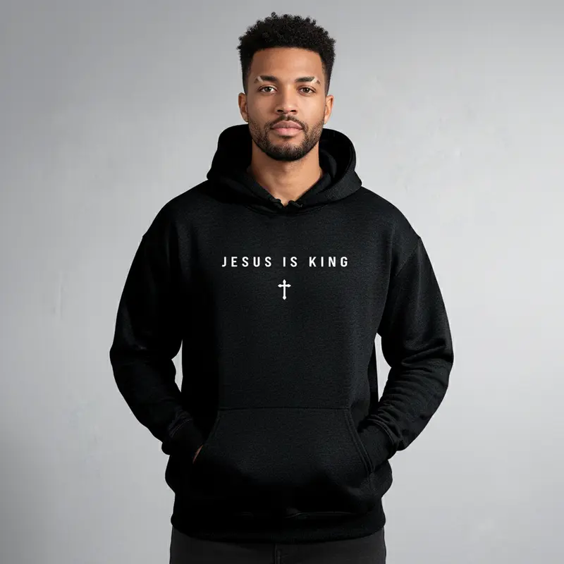 Men's Jesus Is King Cross Graphic Hoodie - Cotton Blend Black Long Sleeve Pullover Regular Fit | Soft & Breathable Fabric, Durable Print, Everyday Comfort, Machine Washable, minimalist religious daily wear