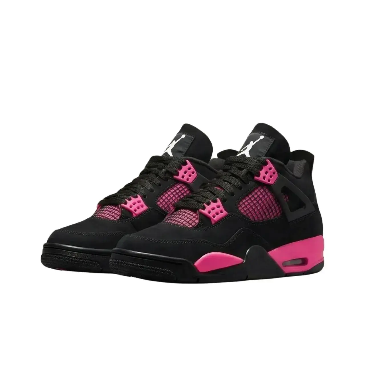 High-top retro basketball suede sneakers built with shock-absorbing air cushion midsoles for all-day lightweight comfy wear, premium matte black soft suede upper paired with breathable grid mesh panels and striking hot pink rubber accent
