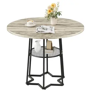 【GARVEE】Round Dining Table for 4, 39 Inch Farmhouse Kitchen Table with Storage Shelf, Large Circular Wood Table with Iron Base, Industrial Style Dining Room Table in Grey or Brown
