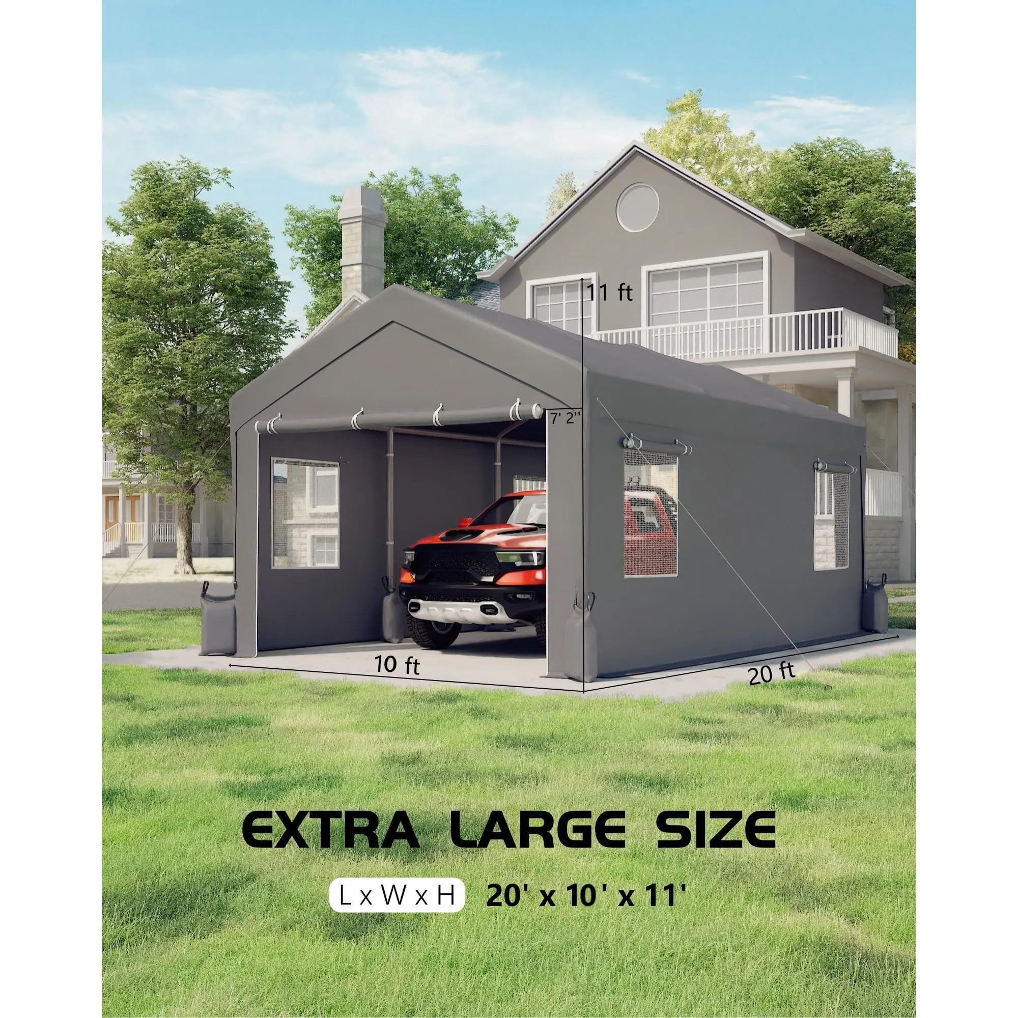 Heavy Duty Portable Carport Garage, Reinforced Structure with Canopy Top, Roll-Up Windows and Front Back Doors, Grey Multi-Vehicle Outdoor Shelter