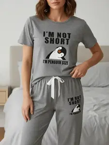 Three-Piece Women's Cartoon Penguin Print Sleepwear Loungewear Set, Casual All Seasons Stretchy Knit Pajamas with Fitted Style, Cozy, Cute and Fun Nightwear