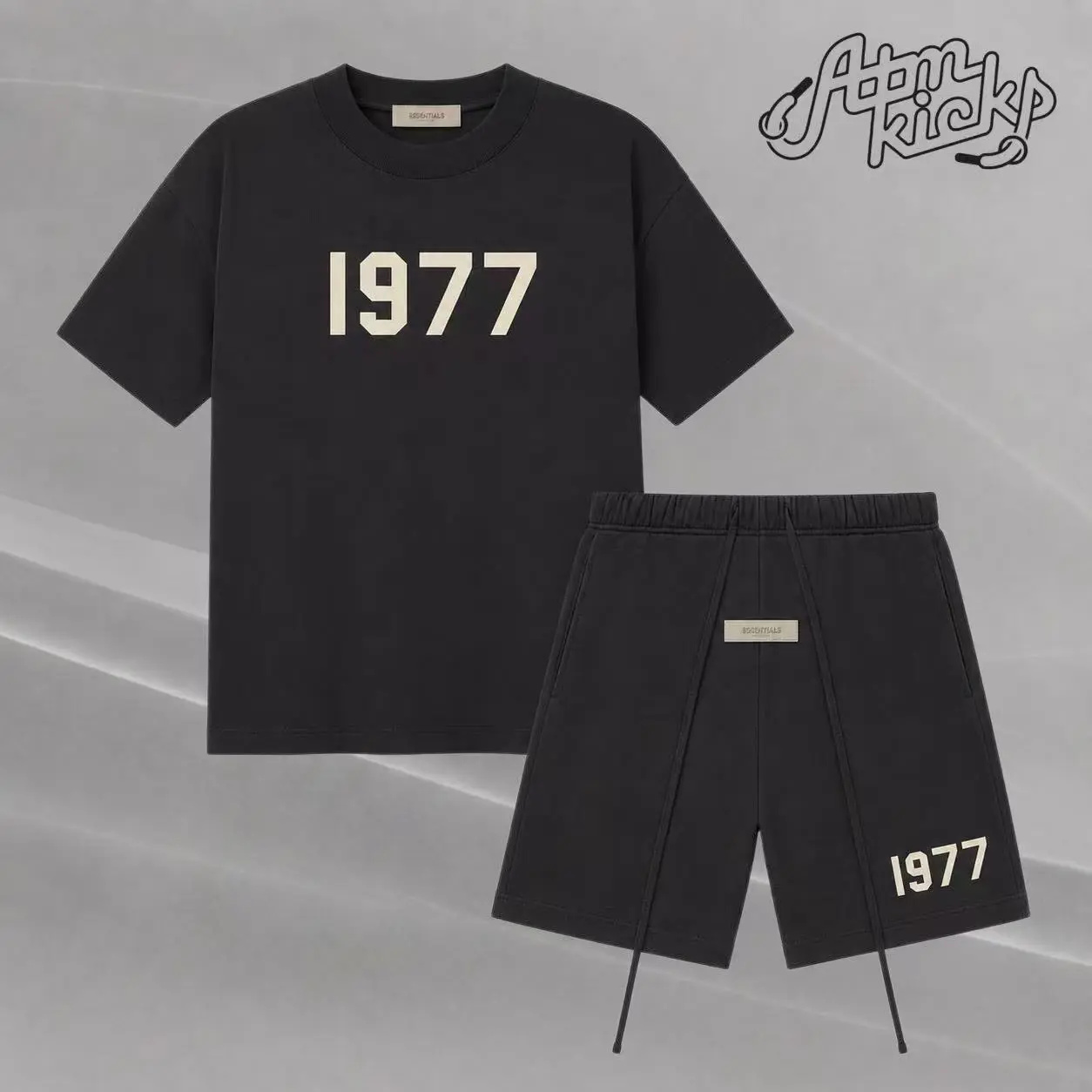 (Tee and Shorts)Fear of God Essentials Style 1977 T-Shirt & Shorts Set Oversized Fit Streetwear Casual Matching Two-Piece Set Stretch Jet Black Summer Outfit Men’s Crewneck Short Sleeve Lounge Set