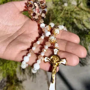 Our Lady of Guadalupe 17" Rosary with Pearls & Golden-Tone Stones Elegant Catholic Prayer Beads