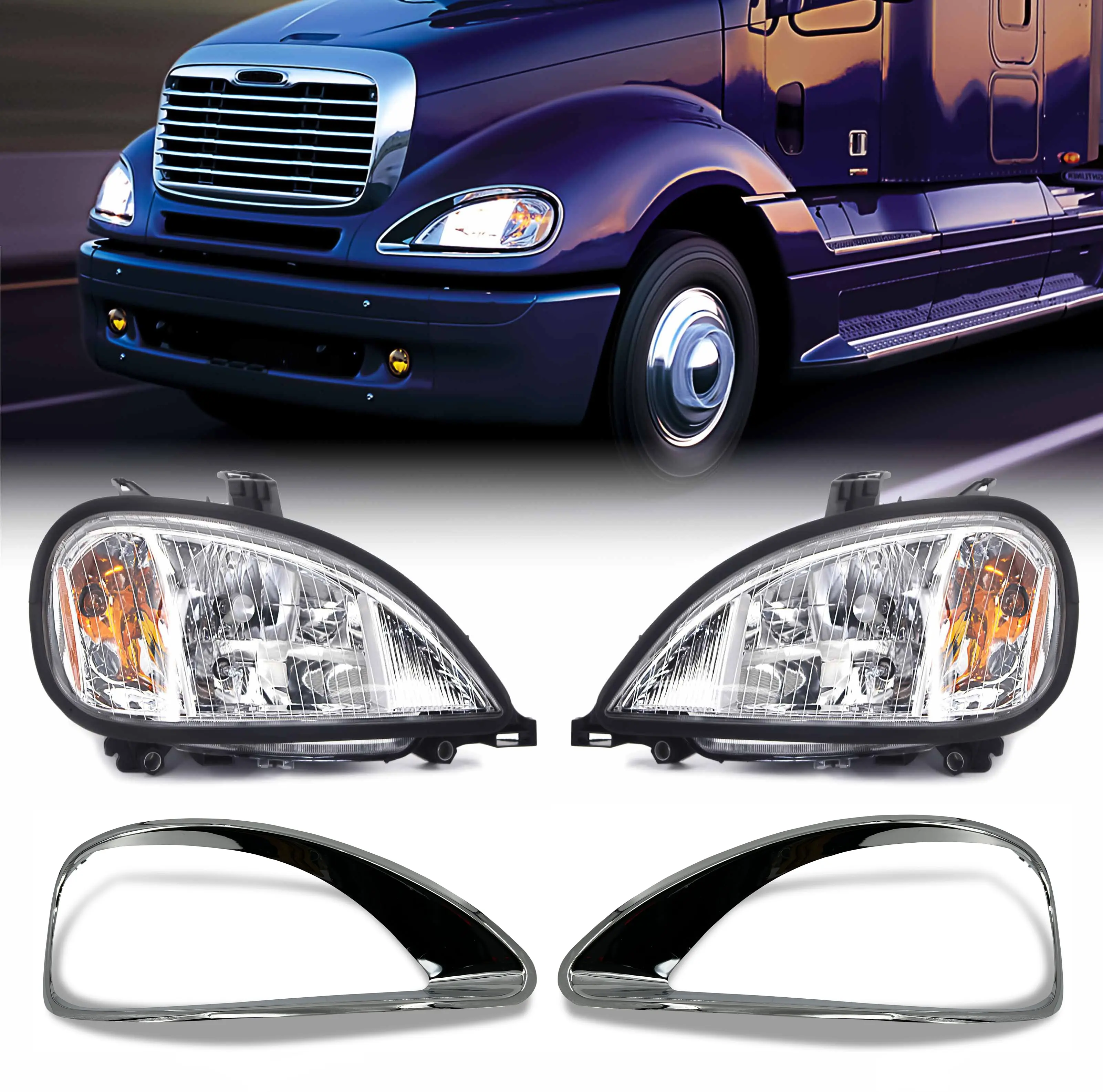 Torque Upgraded Kit Halogen Lights Pair with Chrome Bezel Trim Set for 2001-2017 Freightliner Columbia Semi Trucks, DOT SAE Approved (TR026, TR592) – Driver/Passenger Side with All Bulbs (Chrome Headlights, High Beam Headlight Bulbs (Halogen)), Upgraded K