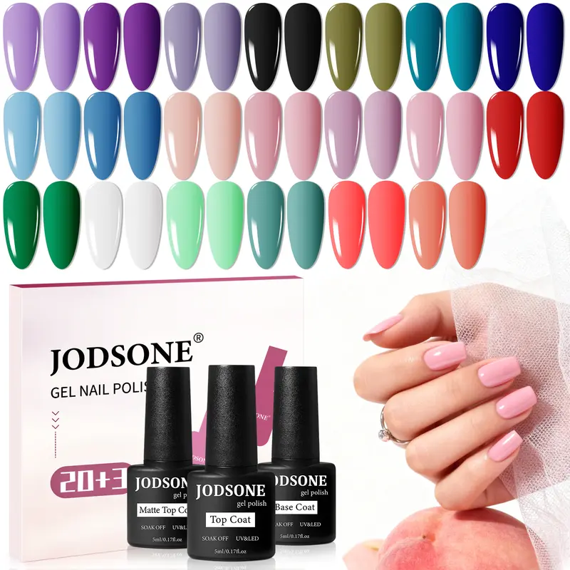 JODSONE 20 Colors Gel Nail Set 5 ml High Shine Gorgeous Polish Base Top Matte Coat Long Lasting 28 Days Gentle Manicure Kit for Nail Salons & DIY Art