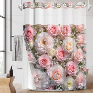1PC/4PCS 2D Flat Printing Happy Spring Pink and White Roses Flowers Patterned shower curtain, home bathroom decor, shower curtain set with 12 hooks, non-slip bathroom rug, U-shaped toilet seat cover, toilet seat mat.