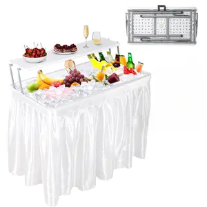 40.5-Inch Folding Table with Drain, Two-Tier Ice Table with Removable Skirt and Extra Storage Shelf, Foldable Outdoor Cooler Tables,Foldable Cooler Server for Camping, Picnic, Wedding, BBQ, White