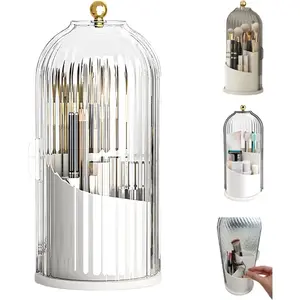 Rotating Makeup Brush Holder with Dustproof Lid, 360° Spinning Clear Acrylic Cosmetic Brush Organizer with 5 Compartments, Vanity Makeup Organizer for Brushes, Lipsticks, Bathroom Countertop, White Toothbrush Protector Cover