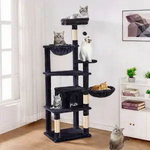 Large Cat Tree Tower for Indoor Adult Cats,Multi-Level Cat Stand With Sisal Scratching Posts, Plush Perches,Hommock,Basket-Black & Gray Kitten Mats