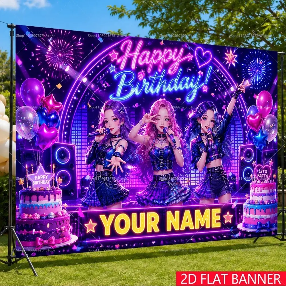 Customized K-p-op Theme Backdrop Pink Demons Girl's Birthday Party Decor Background Banner Custom Name Photo Studio Booth Props