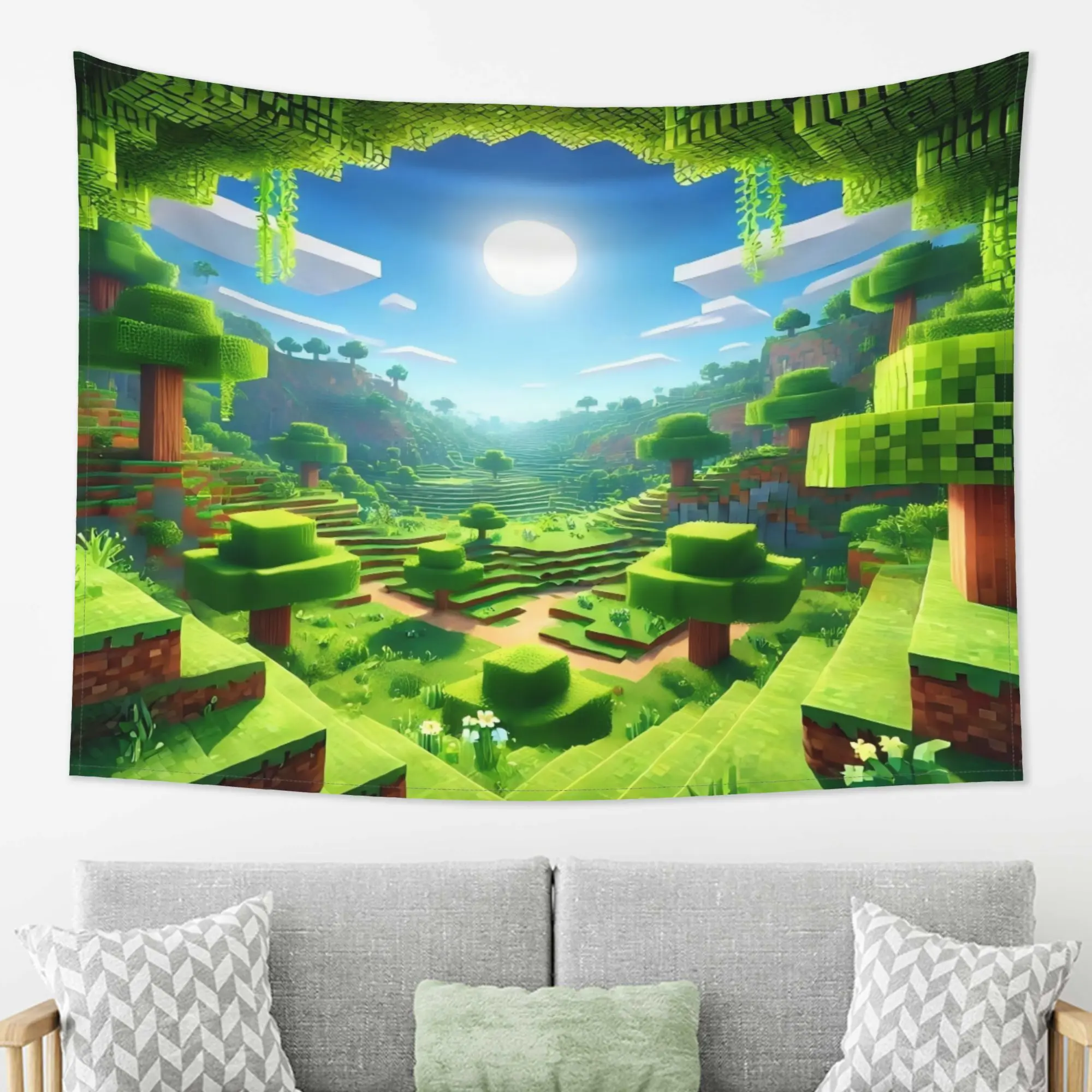 Pixel Natural World Tapestry - Retro Pixel Cartoon Character Wall Decor, Horizontal Seamless Edge Home Inspo Fabric Hanging, All Seasons Indoor Living Room Backdrop & Gift