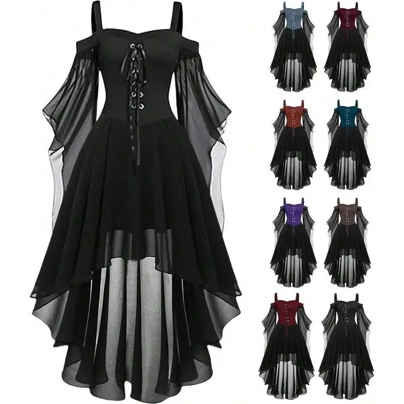 Women's Mesh Fabric Long Sleeve Gothic Dress - 2025 Renaissance Medieval Outfit for Female Renaissance Fairs