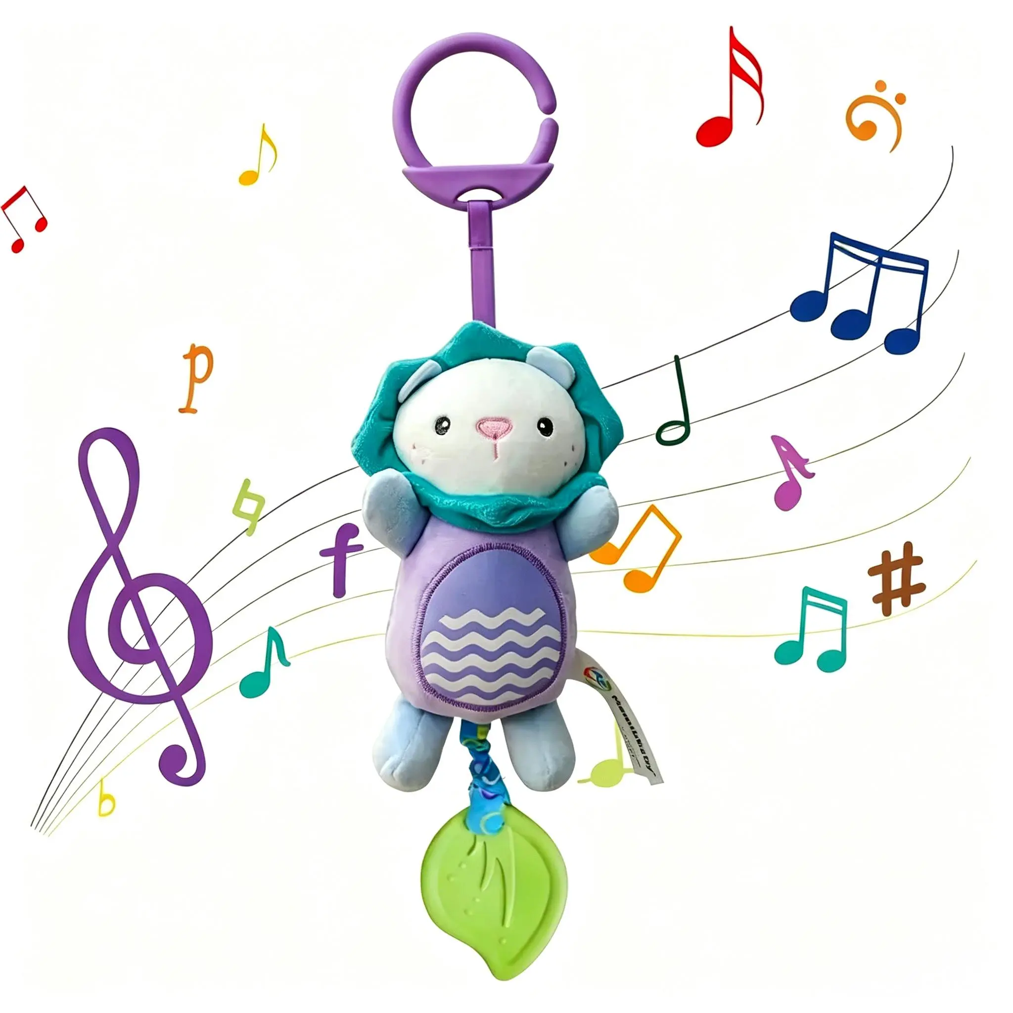 Soft Plush Animal Hanging Rattle Toy with Silicone Teether Leaf, Secure Clip On Stroller Accessory, Sensory Pull String Plush Ornament with Gentle Sound, Portable Car Seat Hanging Decor, Multi-Sensory Stuffed Animal Pendant for Travel & Daily Use