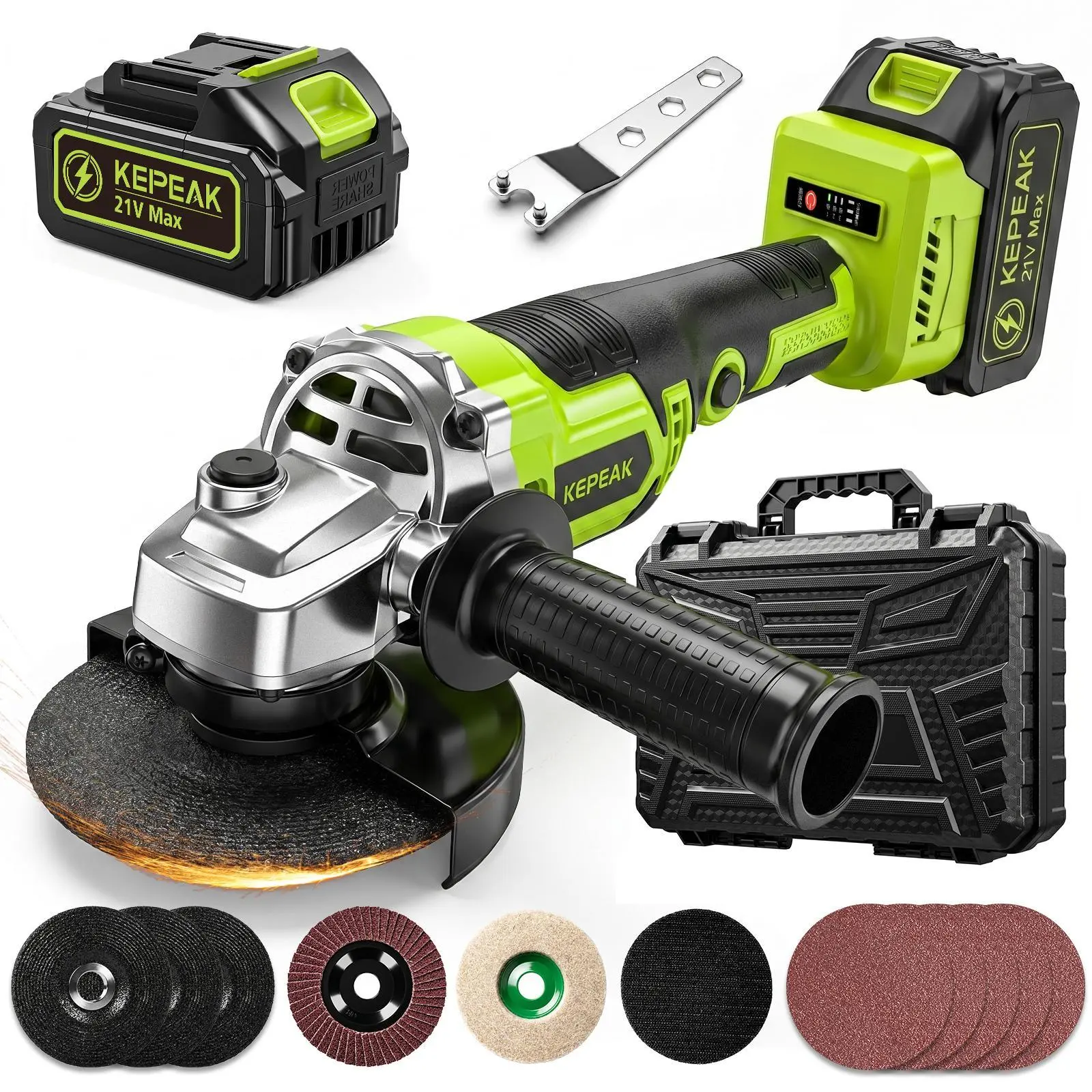 【BackToSchool】21V Brushless Cordless 4in Angle Grinder Full Kit - Power Tools, 450W Model, Spanner Wrench, Batteries & Charger, Built for Cutting/Polish, Grinding, Sanding, Workshop Jobs, BackToSchool Pick