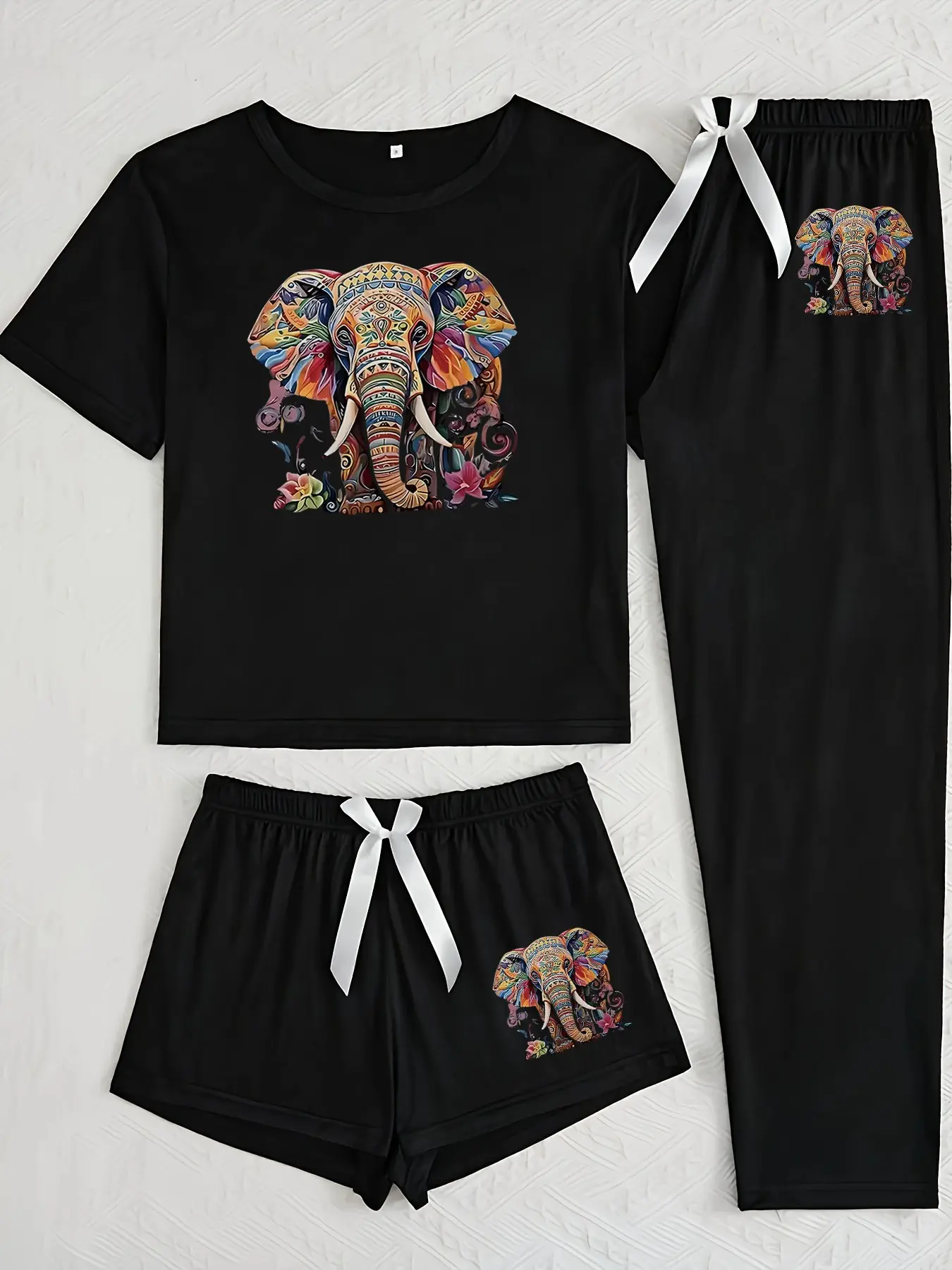 Women's Ethnic Style Elephant Print Pajama Set, Casual Fitted Sleepwear, Three-Piece Nightwear Pajamas for All Seasons, Comfortable Loungewear Pjs