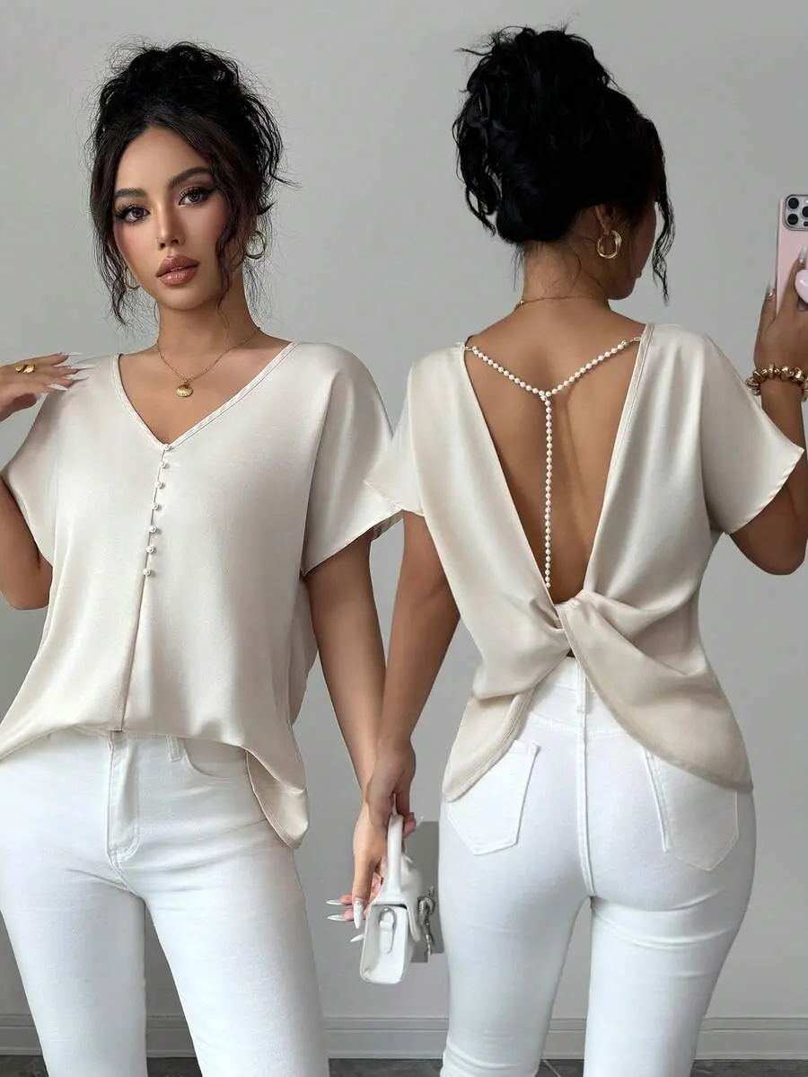 Women's Summer Satin Twist-Knot Backless Pearl Chain Decor Shoulder Sleeve Blouse