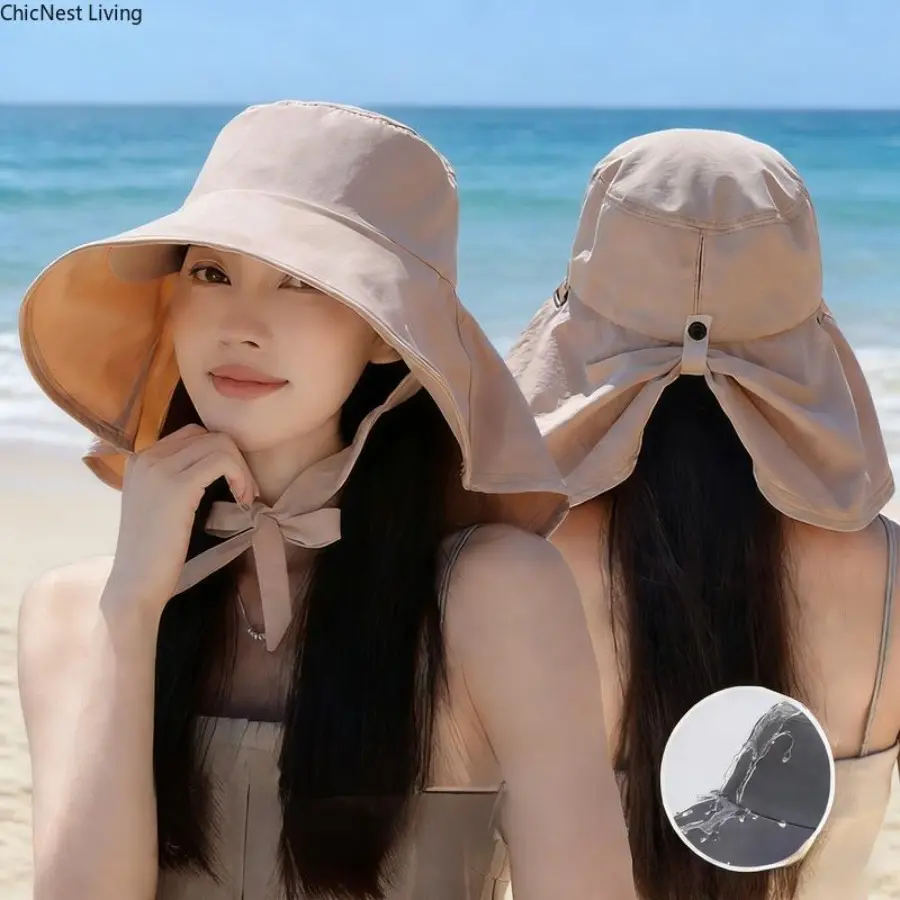 Korean Style Wide-Brimmed Sun Bonnet Hat with Fashion Shawl - Solar Shading, Fisherman, Protective Headgear, Rainproof Hat, Double-Layer, Quick-Drying, Waterproof, Comfortable for Spring/Summer Outdoor Fishing, Solar Shading Hat, Fisherman Hats