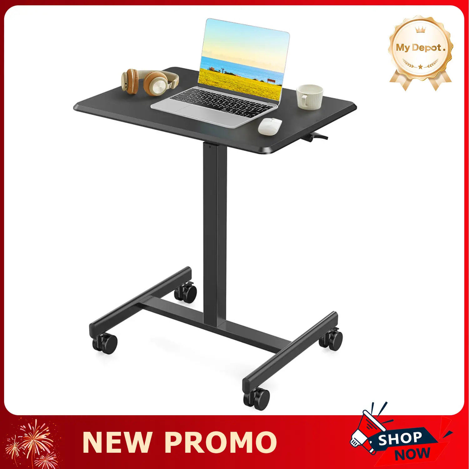 [Deal] Rectangular Top Sturdy Steel Frame Standing Desk - Portable Rolling Laptop Cart with Casters, Quick Setup, Overbed Table, Adjustable Teacher Podium
