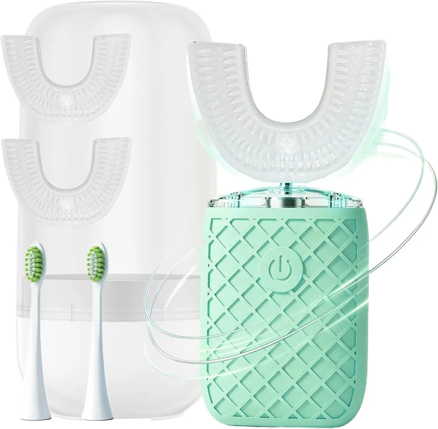 yeklike Sonic Electric U Shaped Toothbrush for Adults, AutomaticFull Mouth Cleaning Toothbrush, 360° Stain Removal, IPX7Waterproof Rechargeable, 3 U-Shape & 2 Straight Brush Heads(Green-Cup)