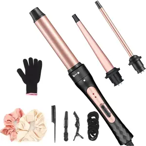Curling Iron Wand Set, Curling Wand 3 in 1 Hair Curling Wands Interchangeable Ceramic 0.35-1.25inch Barrel Hair Curler, with Heat Resistant Glove for Gifts for Women