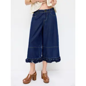 Cider Washed Denim Low Rise Elastic Waist Wide Leg Cropped Bloomer Jeans