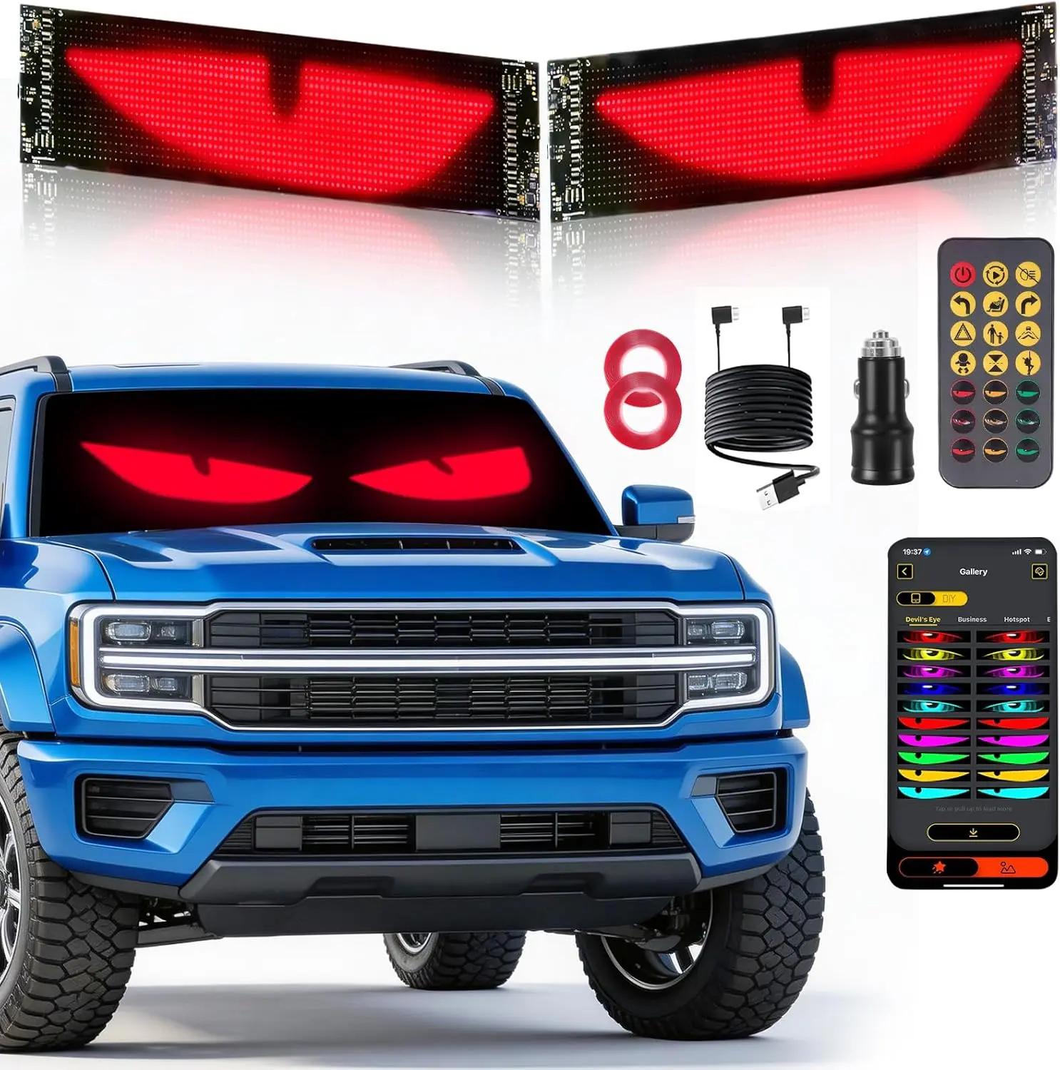 5800 Lux High-Brightness Devil Eyes LED Light Strips - Car Ornament, Car Accessories for Trucks/SUVs, App-Controlled Customizable Windshield Decoration, IP68 Waterproof, USB-Powered